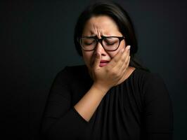 50 year old asian woman in emotional dynamic pose on solid background AI Generative photo