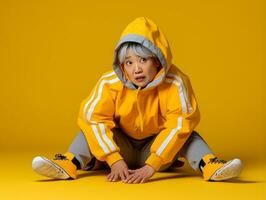 50 year old asian woman in emotional dynamic pose on solid background AI Generative photo