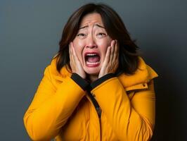 50 year old asian woman in emotional dynamic pose on solid background AI Generative photo