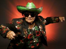 50 año antiguo mexicano mujer en emocional dinámica actitud en sólido antecedentes ai generativo foto