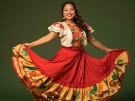 50 año antiguo mexicano mujer en emocional dinámica actitud en sólido antecedentes ai generativo foto