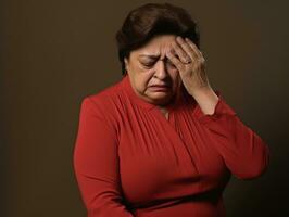 50 año antiguo mexicano mujer en emocional dinámica actitud en sólido antecedentes ai generativo foto