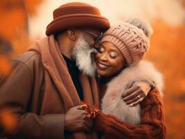 amoroso antiguo africano americano Pareja es disfrutando un romántico otoño día ai generativo foto