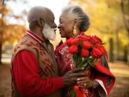 amoroso antiguo africano americano Pareja es disfrutando un romántico otoño día ai generativo foto