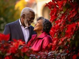 Loving old african american couple is enjoying a romantic autumn day AI Generative photo