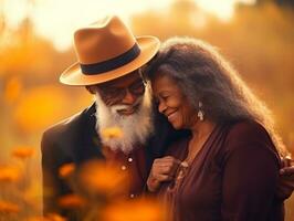 Loving old african american couple is enjoying a romantic autumn day AI Generative photo