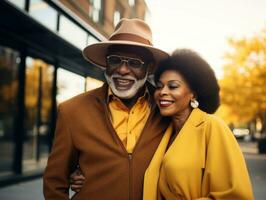 Loving old african american couple is enjoying a romantic autumn day AI Generative photo