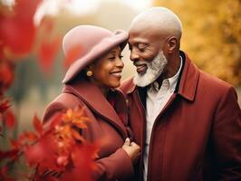 Loving old african american couple is enjoying a romantic autumn day AI Generative photo