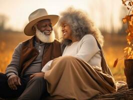 Loving old african american couple is enjoying a romantic autumn day AI Generative photo