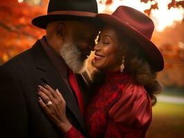 amoroso antiguo africano americano Pareja es disfrutando un romántico otoño día ai generativo foto