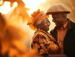 amoroso antiguo africano americano Pareja es disfrutando un romántico otoño día ai generativo foto