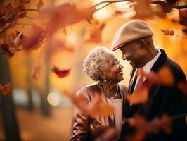 amoroso antiguo africano americano Pareja es disfrutando un romántico otoño día ai generativo foto