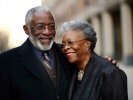 Loving old african american couple is enjoying a romantic autumn day AI Generative photo