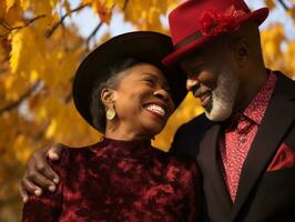 amoroso antiguo africano americano Pareja es disfrutando un romántico otoño día ai generativo foto