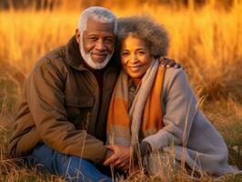 Loving old african american couple is enjoying a romantic autumn day AI Generative photo