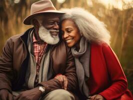 Loving old african american couple is enjoying a romantic autumn day AI Generative photo