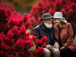 Loving old couple is enjoying a romantic autumn day AI Generative photo