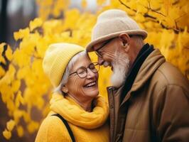 amoroso antiguo Pareja es disfrutando un romántico otoño día ai generativo foto