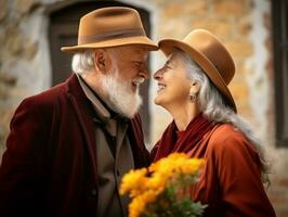 amoroso antiguo Pareja es disfrutando un romántico otoño día ai generativo foto