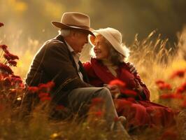 Loving old couple is enjoying a romantic autumn day AI Generative photo