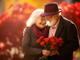 Loving old couple is enjoying a romantic autumn day AI Generative photo