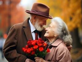 Loving old couple is enjoying a romantic autumn day AI Generative photo