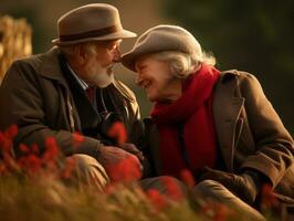 Loving old couple is enjoying a romantic autumn day AI Generative photo