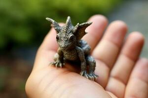 Generative AI, very small, tiny dragon in the hands, very cute and adorable. Chinese New Year animal 2024 photo