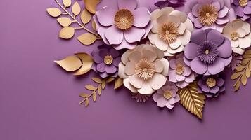 Generative AI, Paper cut craft flowers and golden leaves, light purple, digital lavender color, floral origami textured background, spring mood. photo