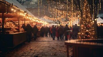 generativo ai, Navidad justa borroso fondo, invierno calle mercado en Europa foto