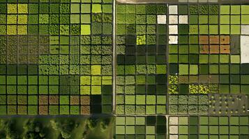 Generative AI, Farm landscape, agricultural fields, beautiful countryside, country road. Nature Illustration, photorealistic top view drone, horizontal banner. photo