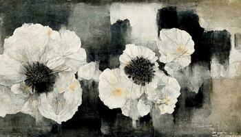 generativo ai, negro acuarela resumen pintado flores en Clásico antecedentes. tinta negro calle pintada Arte en un texturizado papel, lavados y cepillo trazos foto