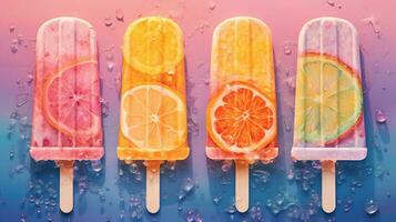 Generative AI, Fruit ice cream or sorbet on a stick, bright color, summer mood, panoramic view photo