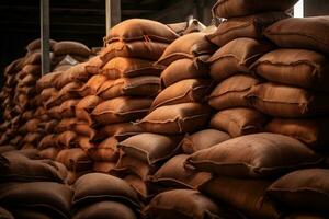 generativo ai, apilar cáñamo sacos de arroz o café, industrial almacenamiento foto