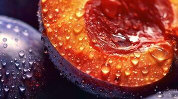 Generative AI, bright slice of juicy ripe plum and water drops, macro of summer fruit photo
