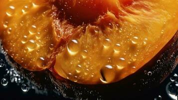 Generative AI, bright slice of juicy ripe peach and water drops, macro of summer fruit photo