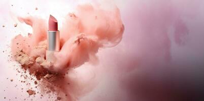 Generative AI, Nude beige color lipstick, beige and pink powder splashes and smoke with copy space. photo