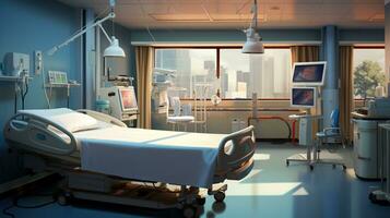 Generative AI, Recovery room with comfortable bed, medical interior, empty hospital room. photo