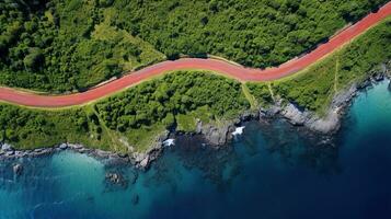 Generative AI, Aerial view of curved asphalt road near the ocean or sea, coastline photo