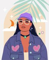 Beautiful young woman in glasses and baseball cap. Hispanic female in groovy outfit. A concept of modern feminity. vector