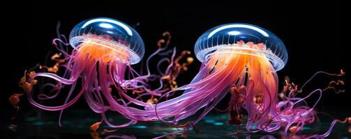 Deep sea creatures illuminating a dark aquatic abyss with vibrant hues photo