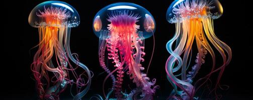 Deep sea creatures illuminating a dark aquatic abyss with vibrant hues photo