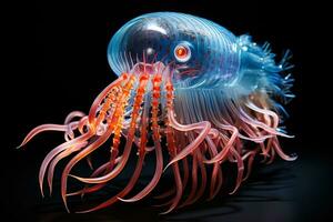 Deep sea creatures illuminating a dark aquatic abyss with vibrant hues photo