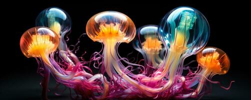 Deep sea creatures illuminating a dark aquatic abyss with vibrant hues photo