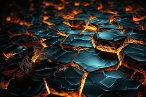 Glowing tessellated polygons merging into an eccentric 3D geometric landscape photo