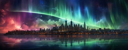 Abstract neon auroras flicker over a surreally distorted otherworldly skyline photo