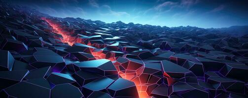 Glowing tessellated polygons merging into an eccentric 3D geometric landscape photo