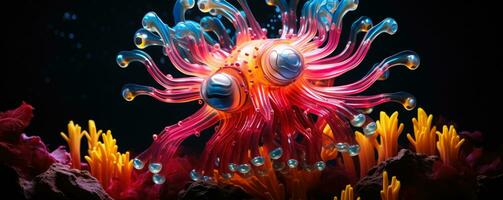 Deep sea creatures illuminating a dark aquatic abyss with vibrant hues photo