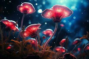 Alien plant life under a radiant nebula sky in a distant universe photo