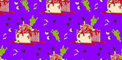 Colorful pattern for Halloween. Sweets for zombies with brains and blood in retro cartoon style. Vector holiday background in flat style.